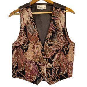 Vtg Conterio Western Horse Print Tapestry Vest Medium Equestrian Button Front US
